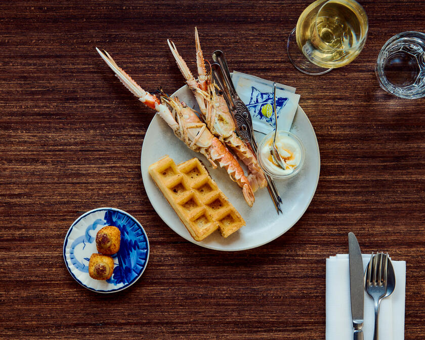 Langoustine with waffle and sauce