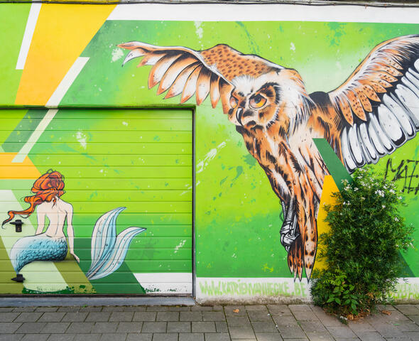 Peinture murale d'une sirène et d'un hibou sur fond vert