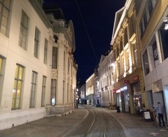 Verlichte historische gevels in de Veldstraat bij avond