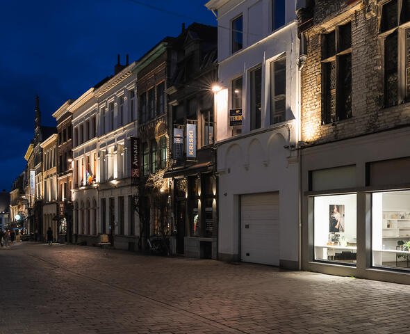 De verlichte gevels van de winkel- en handelspanden in de Hoogpoort in Gent bij avond