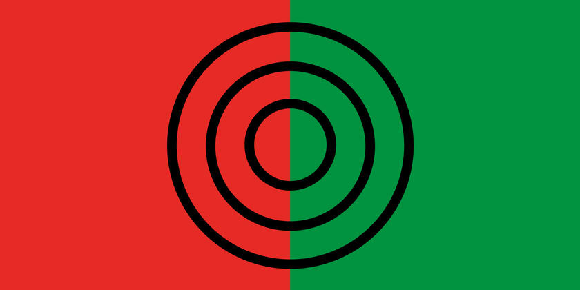 rood en groene banner met een cirkel met nog kleinere cirkels in