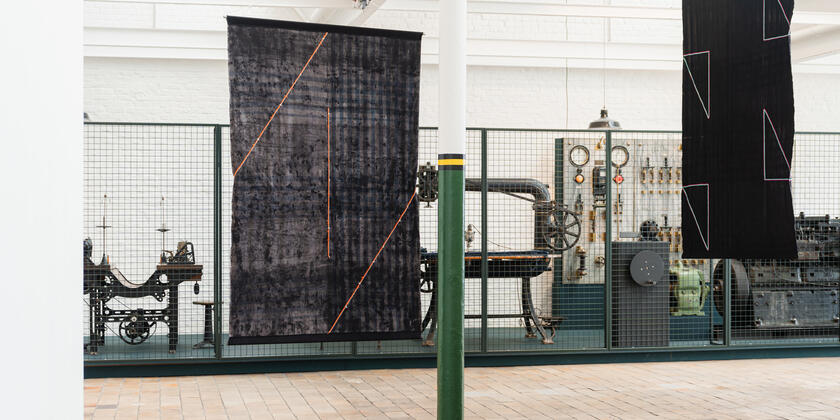 Felipe Mujica's XL curtains in the halls of the Museum of Industry