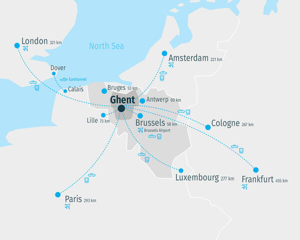 een kaart vanuit Gent met de verschillende afstanden naar andere steden
