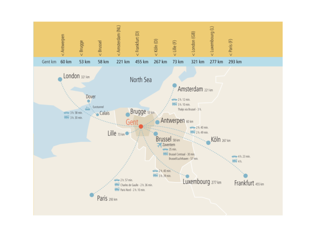 een kaart met vanuit Gent de verschillende afstanden naar andere steden