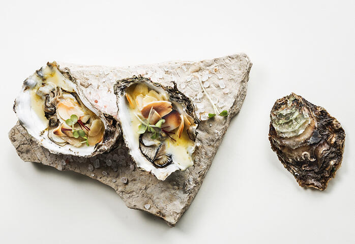2 oesters met een garnering op een steen, een omgekeerde oester