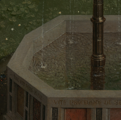 Opspattende druppels water in de fontein van het leven op het centrale paneel van het Lam Gods