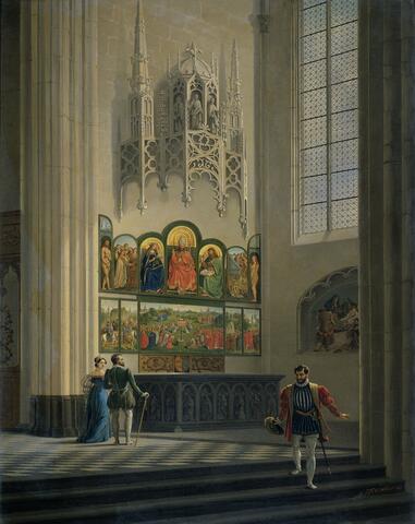 The painting The Lamb of God of the Van Eyck brothers in a chapel of Sint Bavo in Ghent, in a medieval scene with some figures.