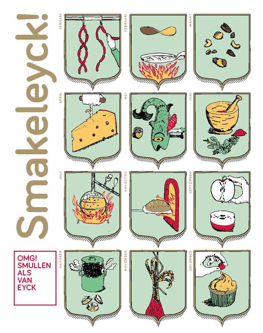 cover magazine smakeleyck! met verschillende afbeeldingen van eten zoals brood, worst, noten, …