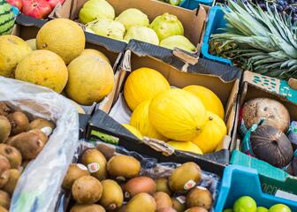Allerhande fruit geëtaleerd op de Groentenmarkt: kiwi, ananas, druiven, bessen, mango, … 