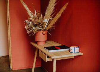 een rode muur met daartegen een houten tafel, daarop staat een bloempot met een bruine plank, er staat ook een potje en er ligt een boekje op