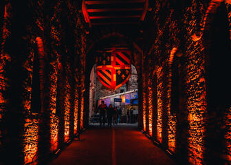 Eingang zum Schloss der Grafen, mit orangefarbener Beleuchtung und einer großen Wappenfahne. Mehrere Personen im Hintergrund.