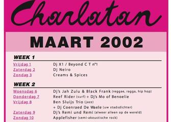 Affiche van Café Charlatan met het programma van maart 2002