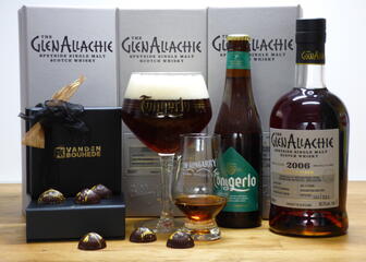 Table with beer, whisky and chocolate