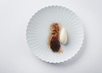 wit bord met een quenelle van witte mousse met een streep chocolademousse