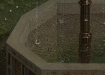 Opspattende druppels water in de fontein van het leven op het centrale paneel van het Lam Gods