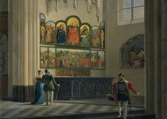 La pintura del cordero de Dios de los hermanos Van Eyck en una capilla de sint bavo en Gante, en una escena medieval con algunas figuras.