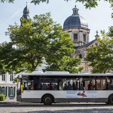Un bus De Lijn (la société flamande de transport) sur la place Saint-Pierre avec derrière les arbres l'église baroque Saint-Pierre
