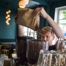Een barista giet koffiebonen in de koffiemolen.