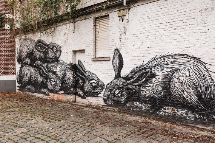 street art van 4 konijnen op een witte muur